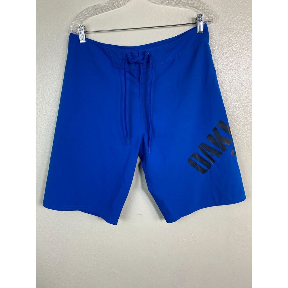 Oakley Mens Blue Board Shorts Size 32 Big Logo Drawstring Beach vacation 11"